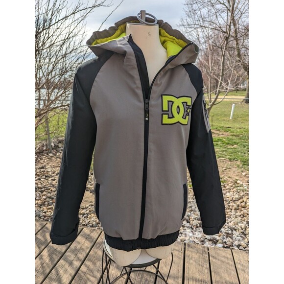 DC Black Gray Hooded SnowboardJacket 10000mm Water Proof Size 14 Large Kids